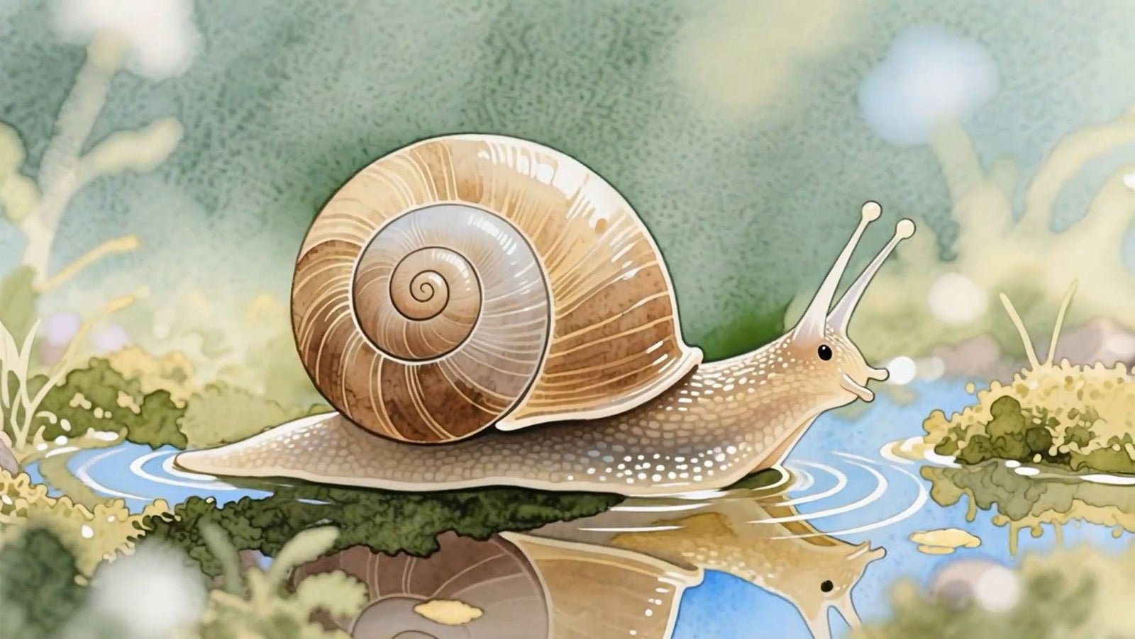A snail beside a still puddle, its shell mirrored in the water