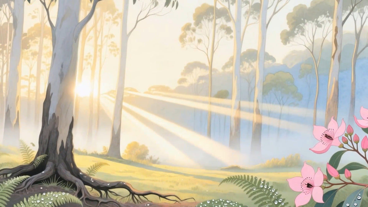 A watercolour eucalyptus forest at dawn, sunlight breaking through the trees