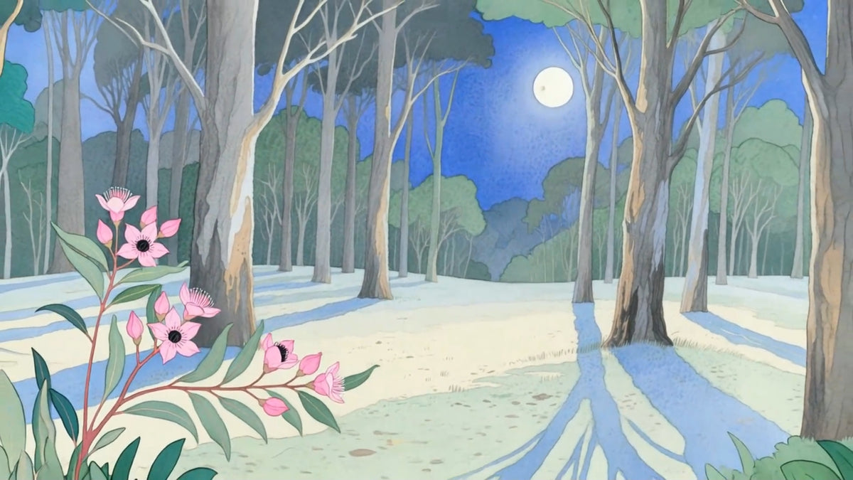 A moonlit eucalyptus forest with long blue shadows and pink blossom