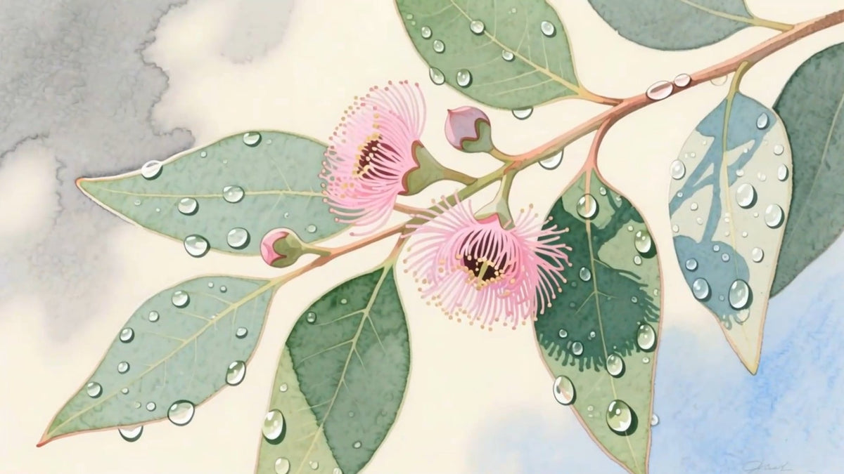 A eucalyptus branch with pink blossom and dew on the leaves