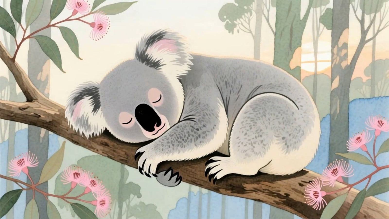 A koala resting high in a gum tree at sunrise