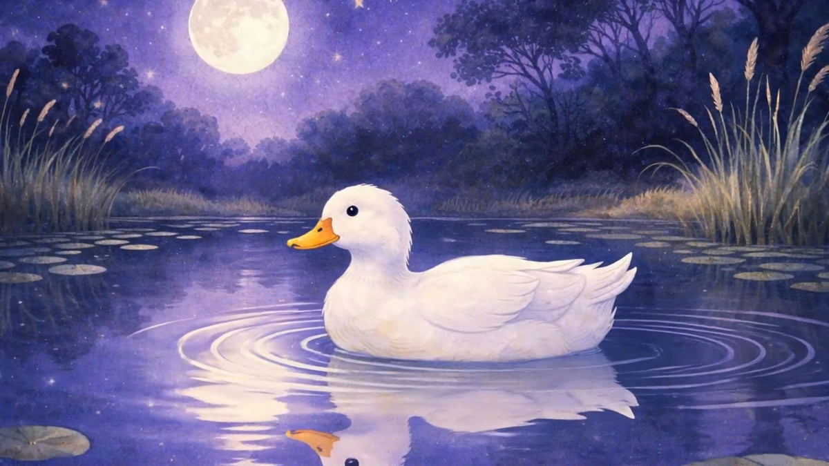 A duck on still water beneath a low moon