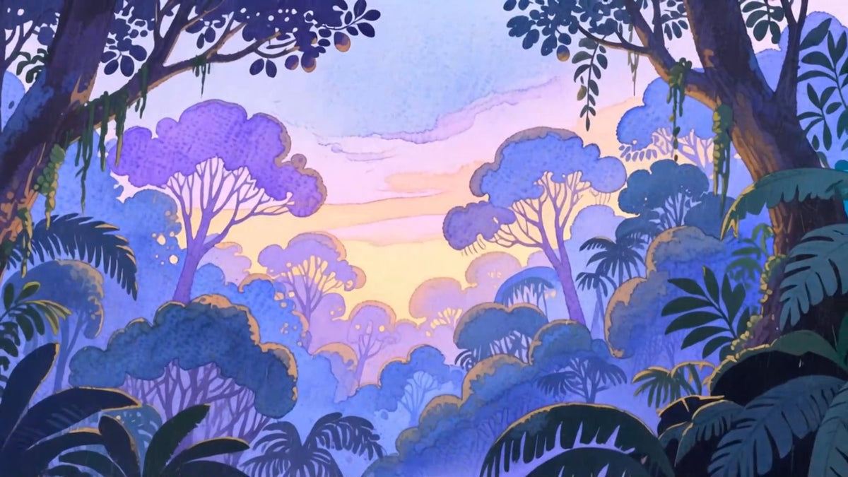 A frame from an adapted picture book film: a rainforest canopy at dusk