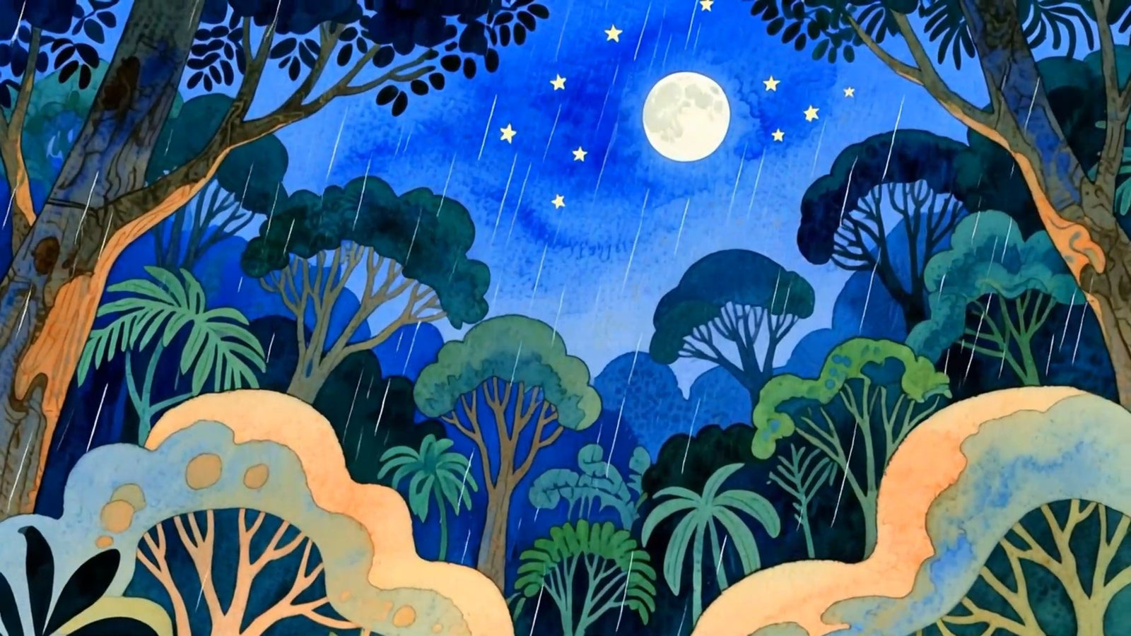 A sloth in gentle rain under the moon