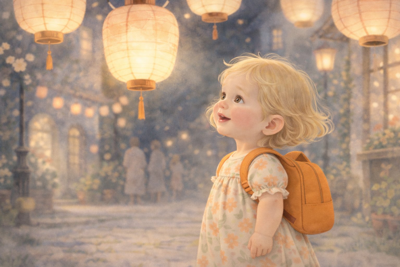 A child looking up at paper lanterns