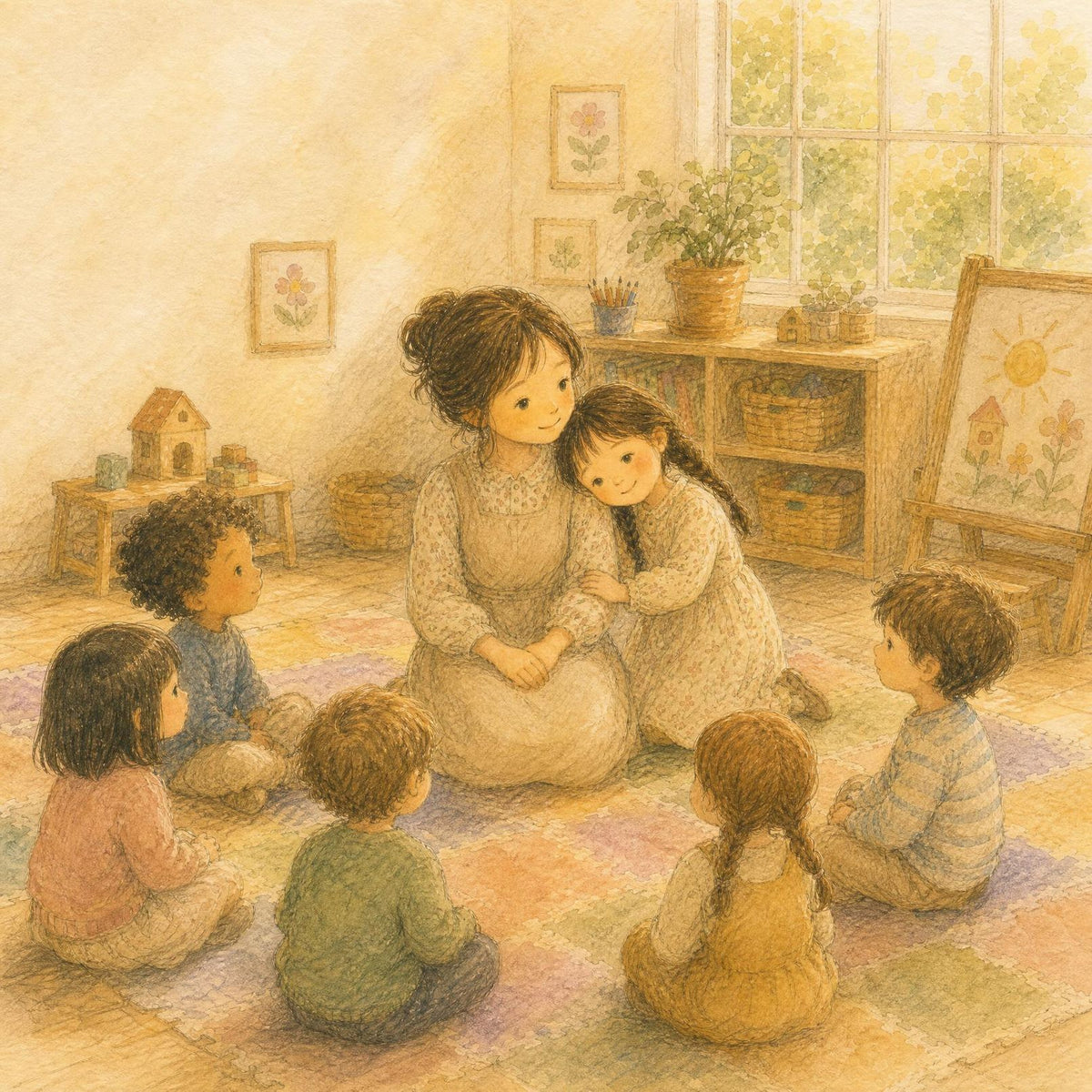 A teacher with her arm around a child in a quiet classroom moment