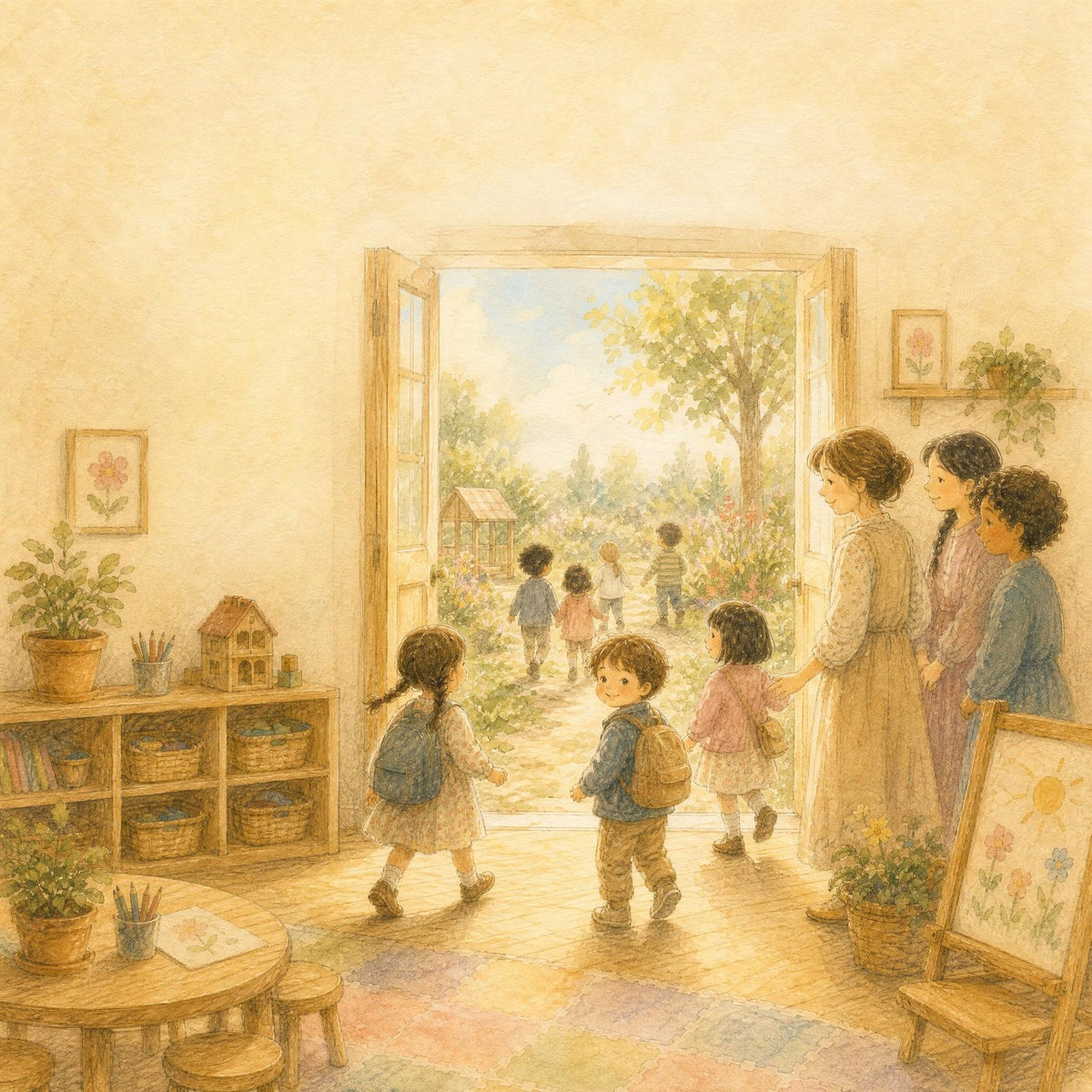 Children heading out to the garden, towards somewhere new