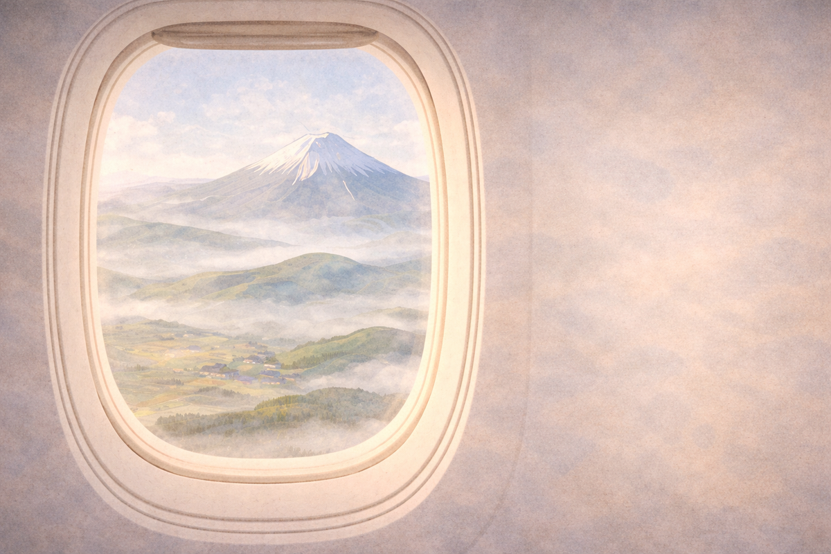 The view of a misty mountain and valleys through an aeroplane window