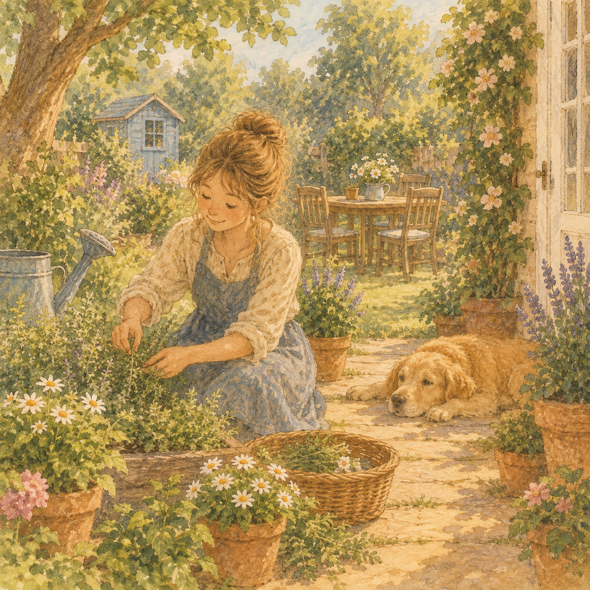 A watercolour of a woman tending a cottage garden, a golden dog resting on the path beside her