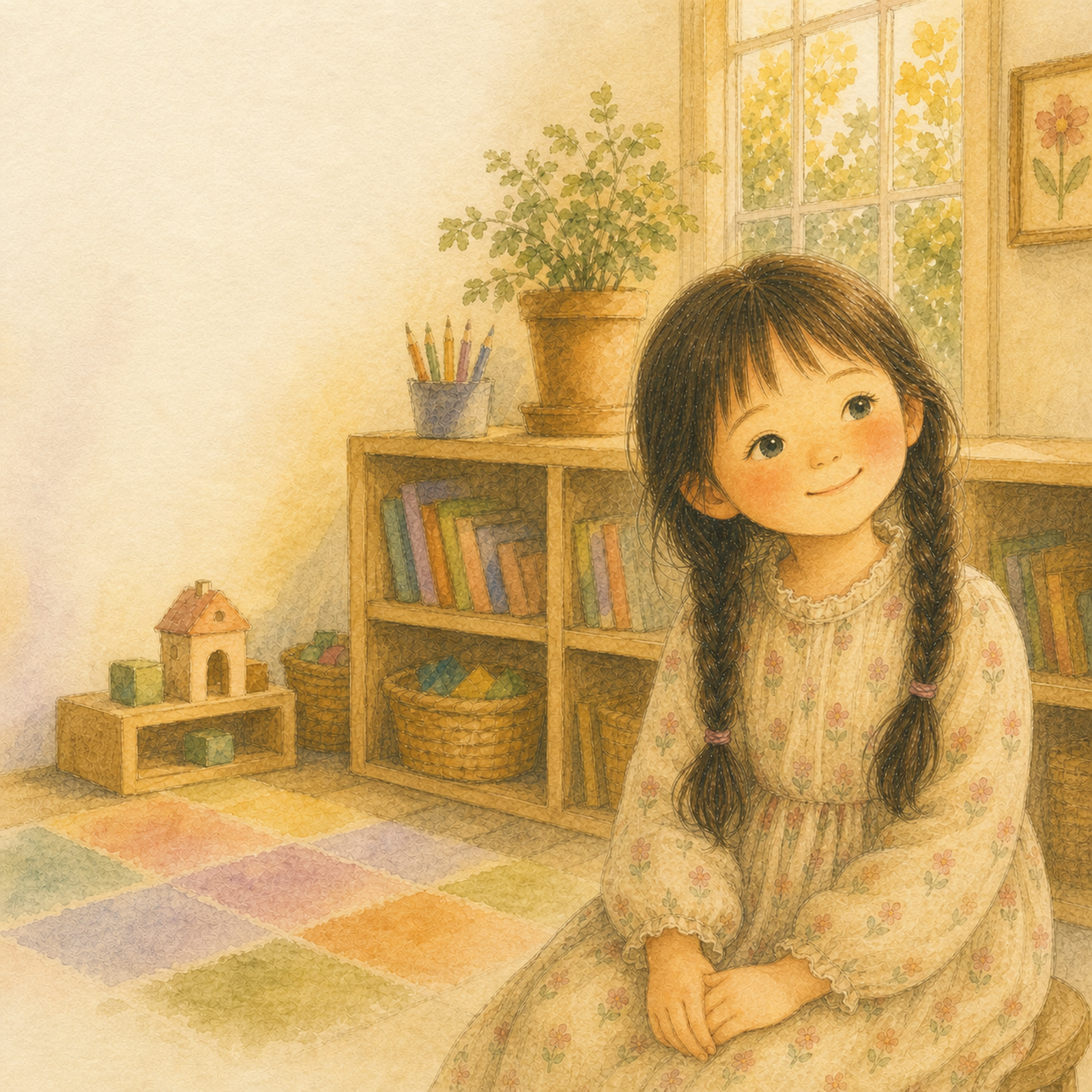 A watercolour of a smiling girl with dark braids in a sunlit classroom