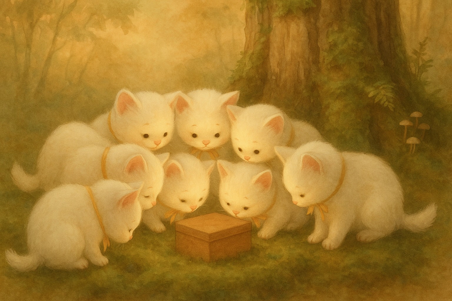 A circle of white kittens gathered around a small wooden box in a golden wood